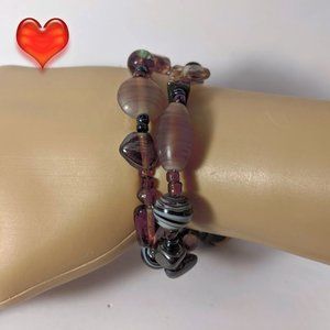 3 For 20 Purple Black & White Blown Art Glass Bead Bracelet